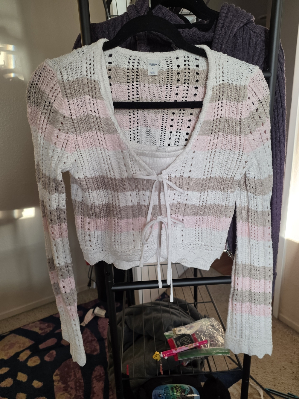 Arizona Jean Company Striped Openwork Tie-Front Camisole - White, Pink, Beige